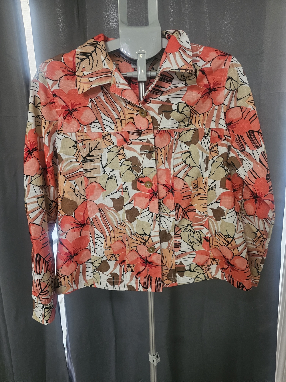 Tropical Floral Button-Up Jacket - Coral & Tan